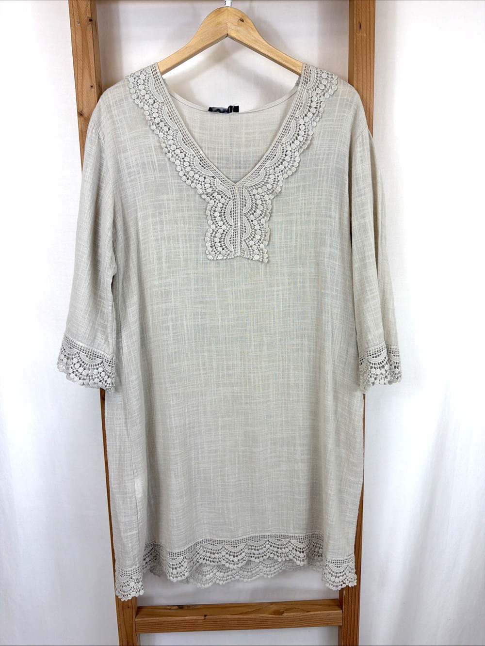 NWT Made In Italy Cotton Beige Crocheted Shift Dress #1417 Size SMALL